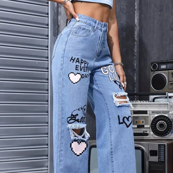 Pantalones vaqueros con estampado de mariposa y botones de cintura alta para mujer, Pantalón recto informal a la moda para mujer, Vaqueros rasgados elegantes para primavera y verano