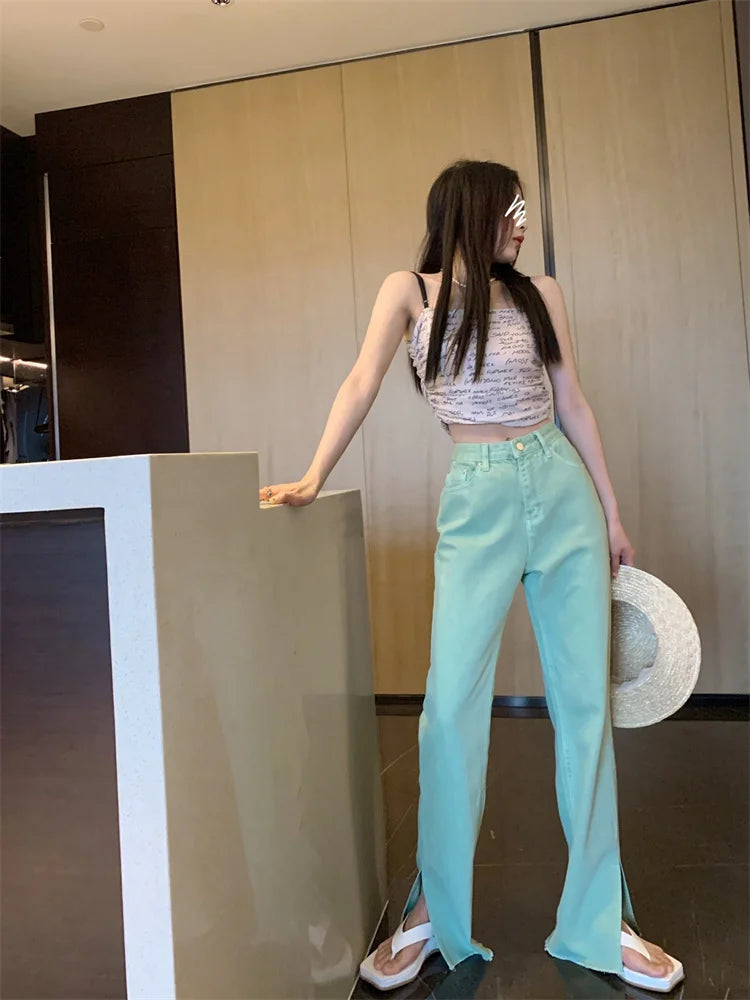 Pantalon Jean de tendencia para mujer, Pantalones vaqueros rasgados con hendidura casuales sueltos de pierna recta de cintura alta