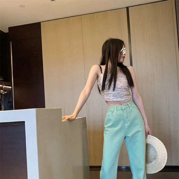 Pantalon Jean de tendencia para mujer, Pantalones vaqueros rasgados con hendidura casuales sueltos de pierna recta de cintura alta