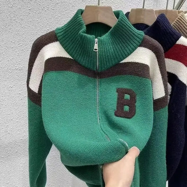 Cárdigan tejido con cuello de media altura y cremallera, suéter de retazos con letras, abrigo para hombre y mujer, Tops de moda de nueva tendencia para Otoño e Invierno