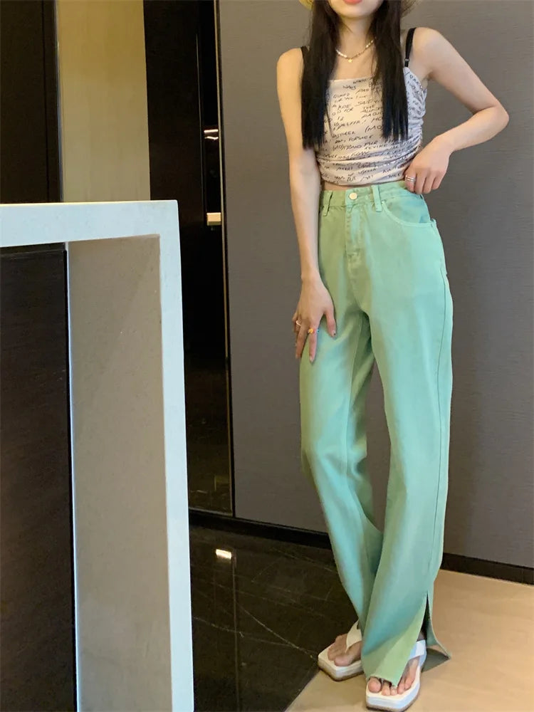 Pantalon Jean de tendencia para mujer, Pantalones vaqueros rasgados con hendidura casuales sueltos de pierna recta de cintura alta