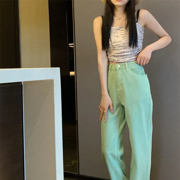 Pantalon Jean de tendencia para mujer, Pantalones vaqueros rasgados con hendidura casuales sueltos de pierna recta de cintura alta