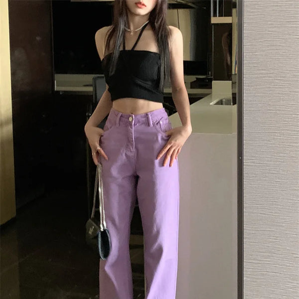 Pantalon Jean de tendencia para mujer, Pantalones vaqueros rasgados con hendidura casuales sueltos de pierna recta de cintura alta