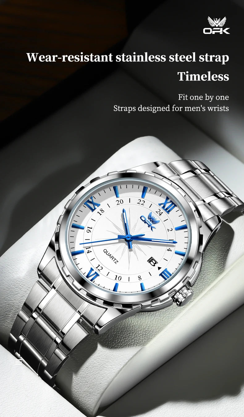 Reloj de cuarzo para hombre con doble calendario y correa de acero marca OPK