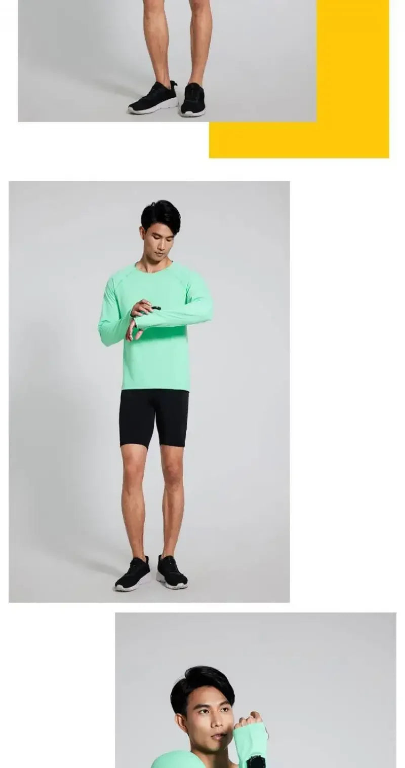 Camiseta para correr maratón para hombre, camiseta de manga larga Anti-UV de secado rápido para entrenamiento, traje de entrenamiento físico con agujero para el pulgar, puño antiestático