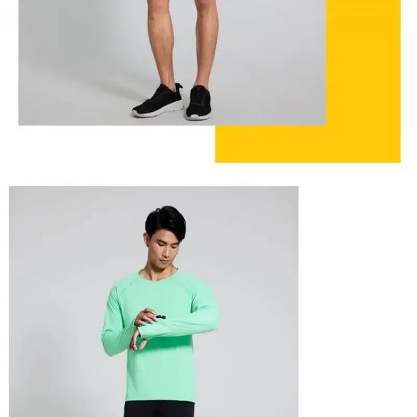 Camiseta para correr maratón para hombre, camiseta de manga larga Anti-UV de secado rápido para entrenamiento, traje de entrenamiento físico con agujero para el pulgar, puño antiestático