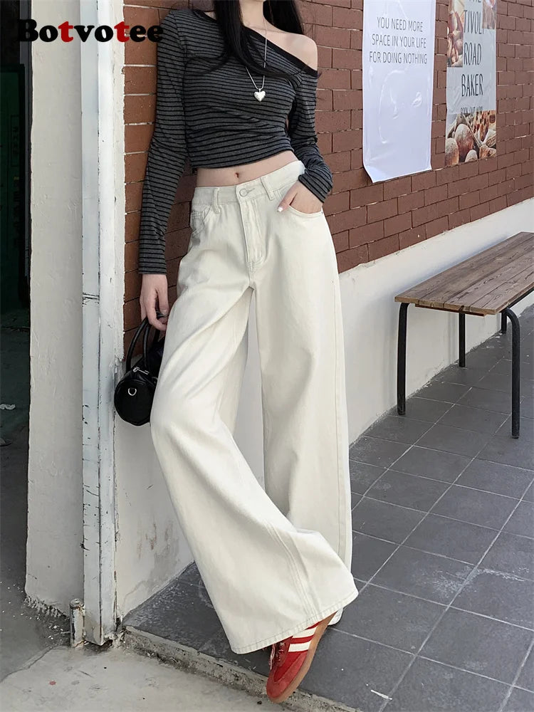 Pantalones vaqueros holgados blancos para mujer, nueva moda coreana informal Y2k, pantalones vaqueros holgados de cintura