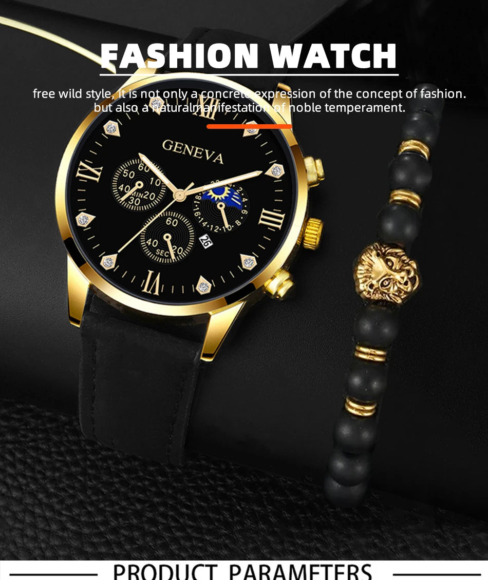 Reloj de pulsera de cuarzo para hombre, conjunto de 2 piezas, con puntero redondo y calendario