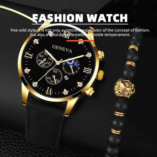 Reloj de pulsera de cuarzo para hombre, conjunto de 2 piezas, con puntero redondo y calendario