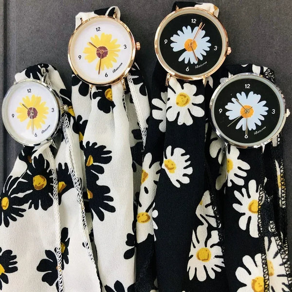 Reloj de cuarzo con correa única de tela de margaritas para mujer - Reloj casual de moda con diseño de girasol