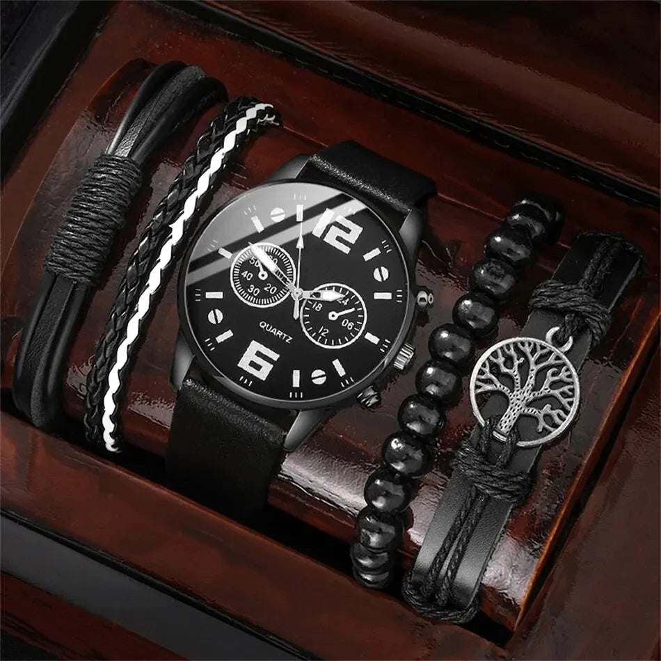 Conjunto de 5 uds. De relojes de pulsera deportivos a la moda para hombre, reloj de pulsera de cuarzo con esfera grande Retro, reloj clásico informal de cuero marrón para hombre