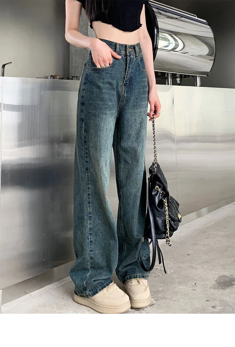 Pantalones vaqueros de pierna ancha para mujer, pantalón de pierna recta contrastante de cintura alta, pantalones sueltos de otoño para mujer, ropa de calle