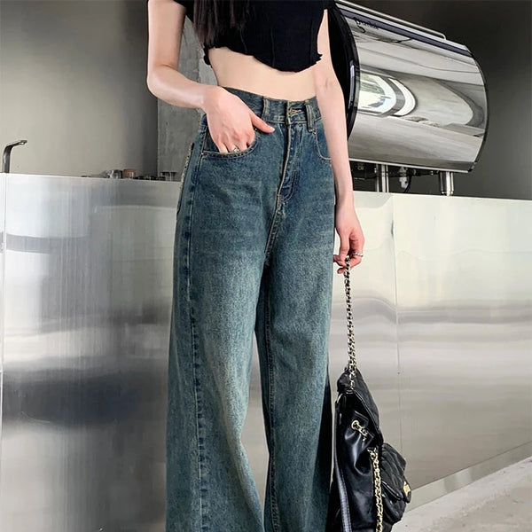 Pantalones vaqueros de pierna ancha para mujer, pantalón de pierna recta contrastante de cintura alta, pantalones sueltos de otoño para mujer, ropa de calle