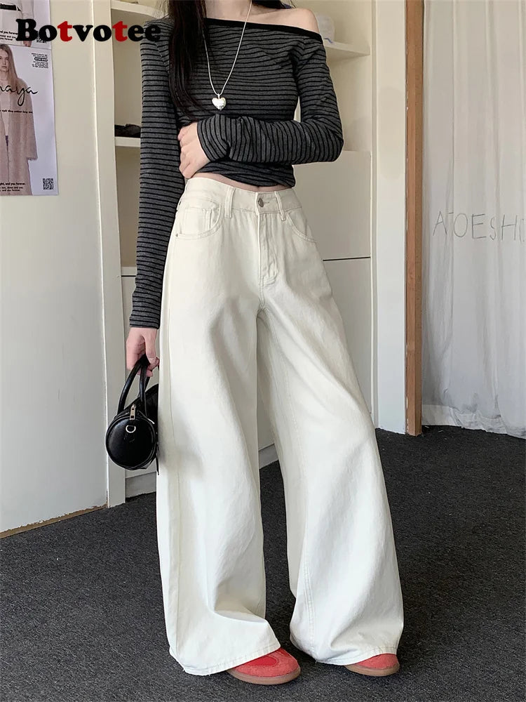 Pantalones vaqueros holgados blancos para mujer, nueva moda coreana informal Y2k, pantalones vaqueros holgados de cintura
