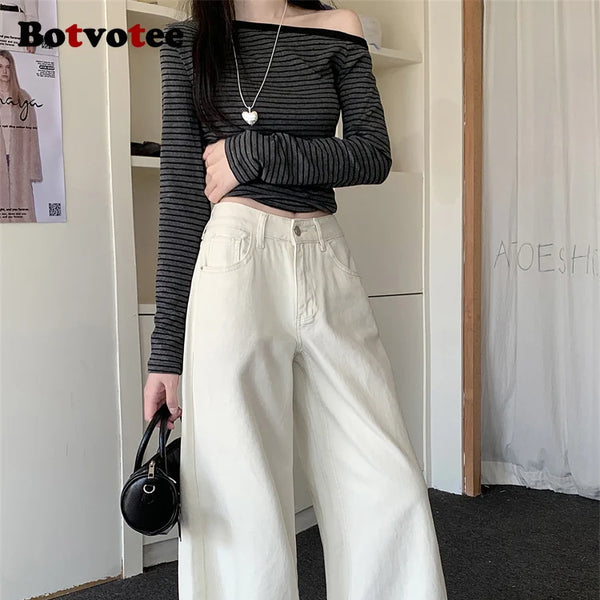 Pantalones vaqueros holgados blancos para mujer, nueva moda coreana informal Y2k, pantalones vaqueros holgados de cintura