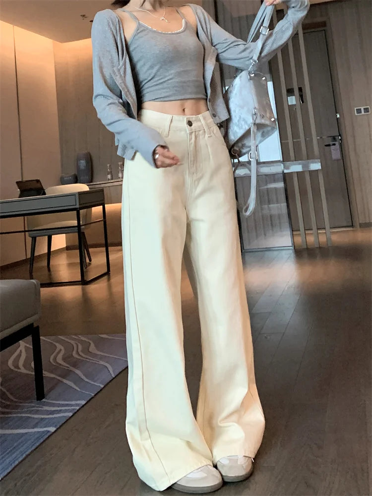 Jeans de verano para mujer - Pantalones vaqueros de pierna ancha color crema |