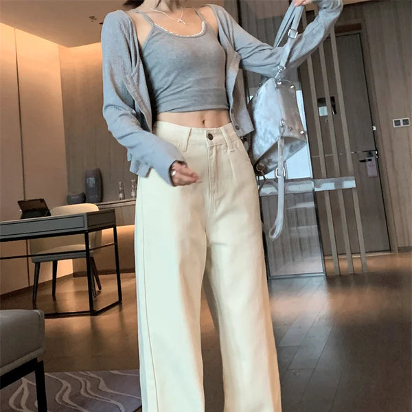 Jeans de verano para mujer - Pantalones vaqueros de pierna ancha color crema |