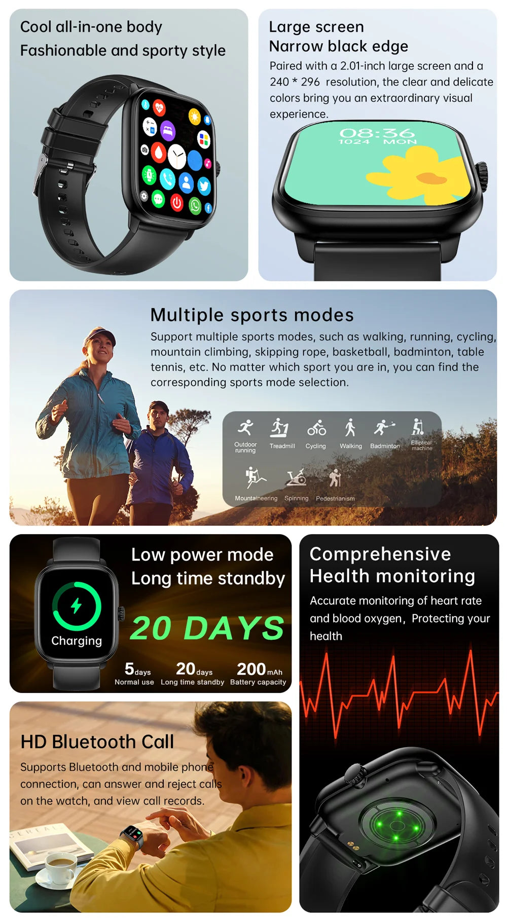 Reloj inteligente con Bluetooth, llamadas, música, relojes inteligentes para hombres, pantalla completamente táctil de 2,01 ", rastreador de Fitness, reloj inteligente resistente al agua
