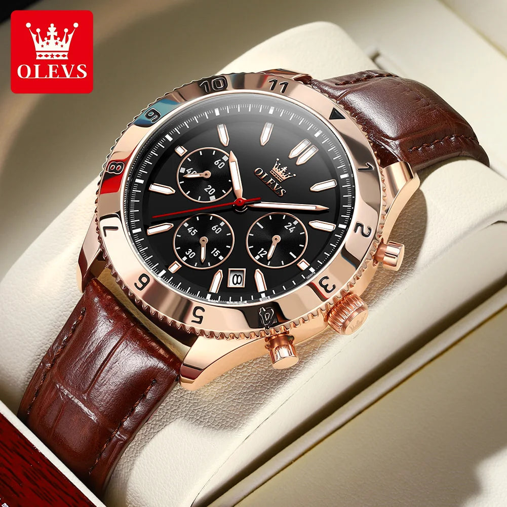 Reloj de cuarzo original para hombre, correa de cuero, cronógrafo, calendario, relojes de pulsera luminosos impermeables para hombre