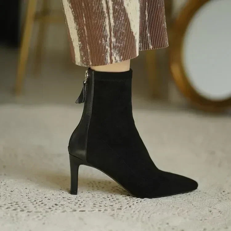 Botas de tacón alto para mujer 2025, estilo coreano de otoño e invierno, tacón medio, botas ajustadas y delgadas, punta en punta, botas tipo calcetín para mujer.
