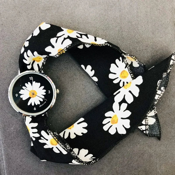 Reloj de cuarzo con correa única de tela de margaritas para mujer - Reloj casual de moda con diseño de girasol