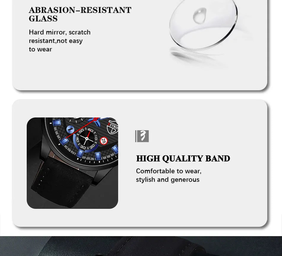 Conjunto de 3 piezas para hombre, reloj de pulsera de cuarzo, pulsera de cuero clásico, collar casual y divertido