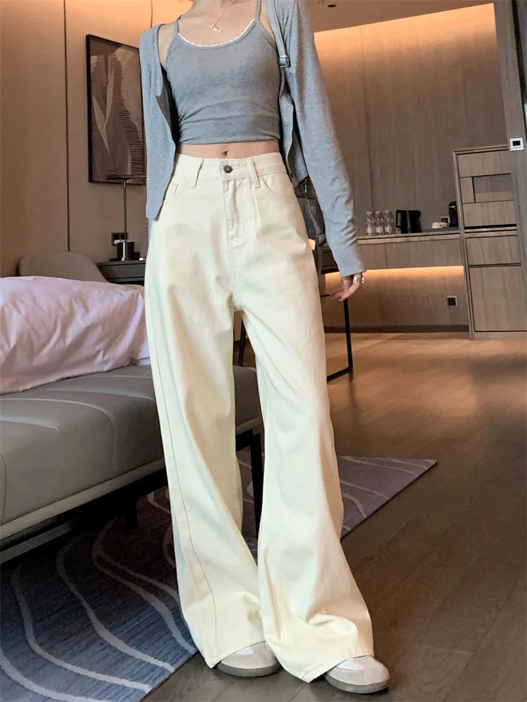 Jeans de verano para mujer - Pantalones vaqueros de pierna ancha color crema |