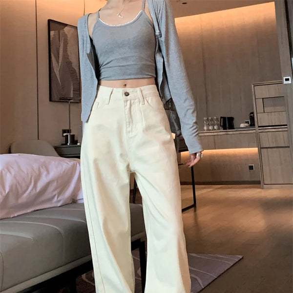 Jeans de verano para mujer - Pantalones vaqueros de pierna ancha color crema |