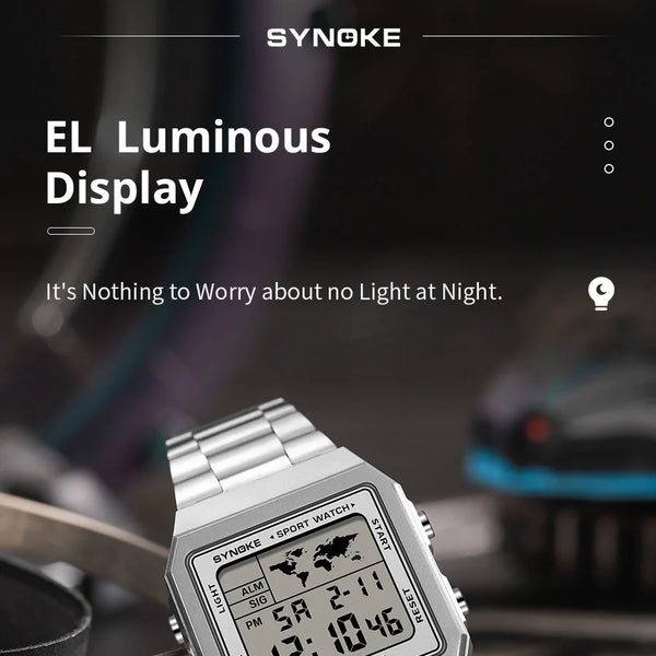 Reloj de acero inoxidable para hombre, cronógrafo de pulsera Digital con pantalla de luz trasera, resistente al agua, 5bar