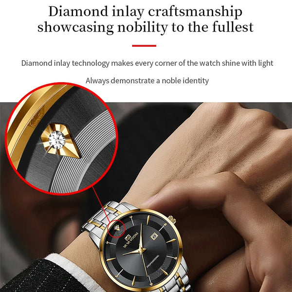 Nuevo reloj para hombre de acero inoxidable estilo de negocios de lujo con diamantes de imitación 43mm reloj de pulsera con movimiento de cuarzo de oro azul