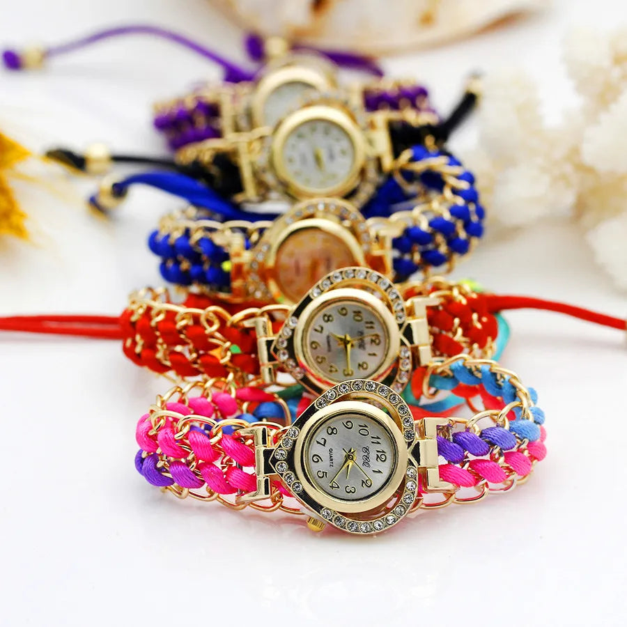 Reloj de Vestir para Mujer Loving Heart Gold Nuevo Reloj de Pulsera Tejido a Mano para Damas Color Reloj de Tela con Brillantes de Imitación Relucientes Reloj Dulce para Chicas