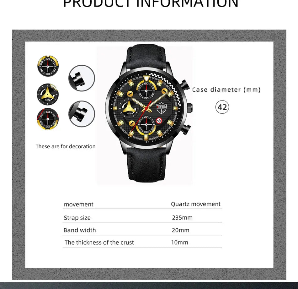 Conjunto de 3 piezas para hombre, reloj de pulsera de cuarzo, pulsera de cuero clásico, collar casual y divertido