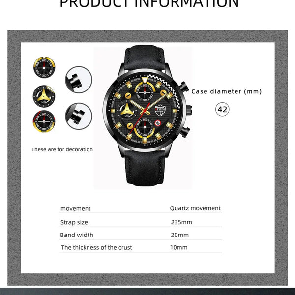Conjunto de 3 piezas para hombre, reloj de pulsera de cuarzo, pulsera de cuero clásico, collar casual y divertido