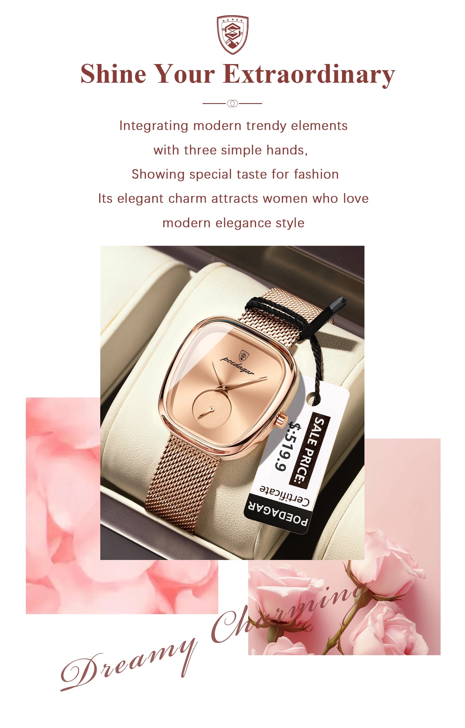 POEDAGAR, Reloj elegante de lujo a la moda para mujer, Reloj resistente al agua para mujer, relojes de cuarzo de acero inoxidable de malla para mujer, Reloj femenino