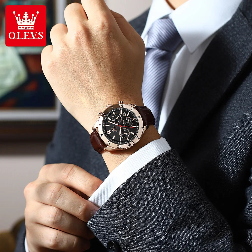 Reloj de cuarzo original para hombre, correa de cuero, cronógrafo, calendario, relojes de pulsera luminosos impermeables para hombre