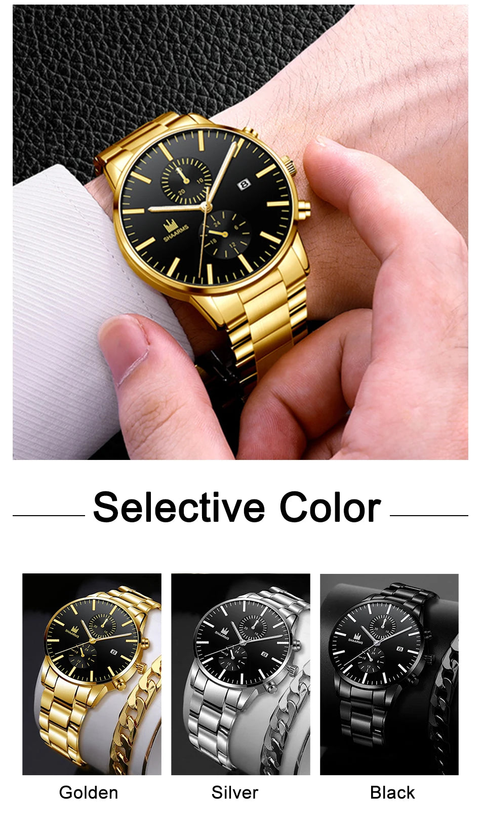 Reloj de cuarzo de negocios para hombre, cronógrafo con correa de acero inoxidable, tres ojos falsos, seis Pines, calendario