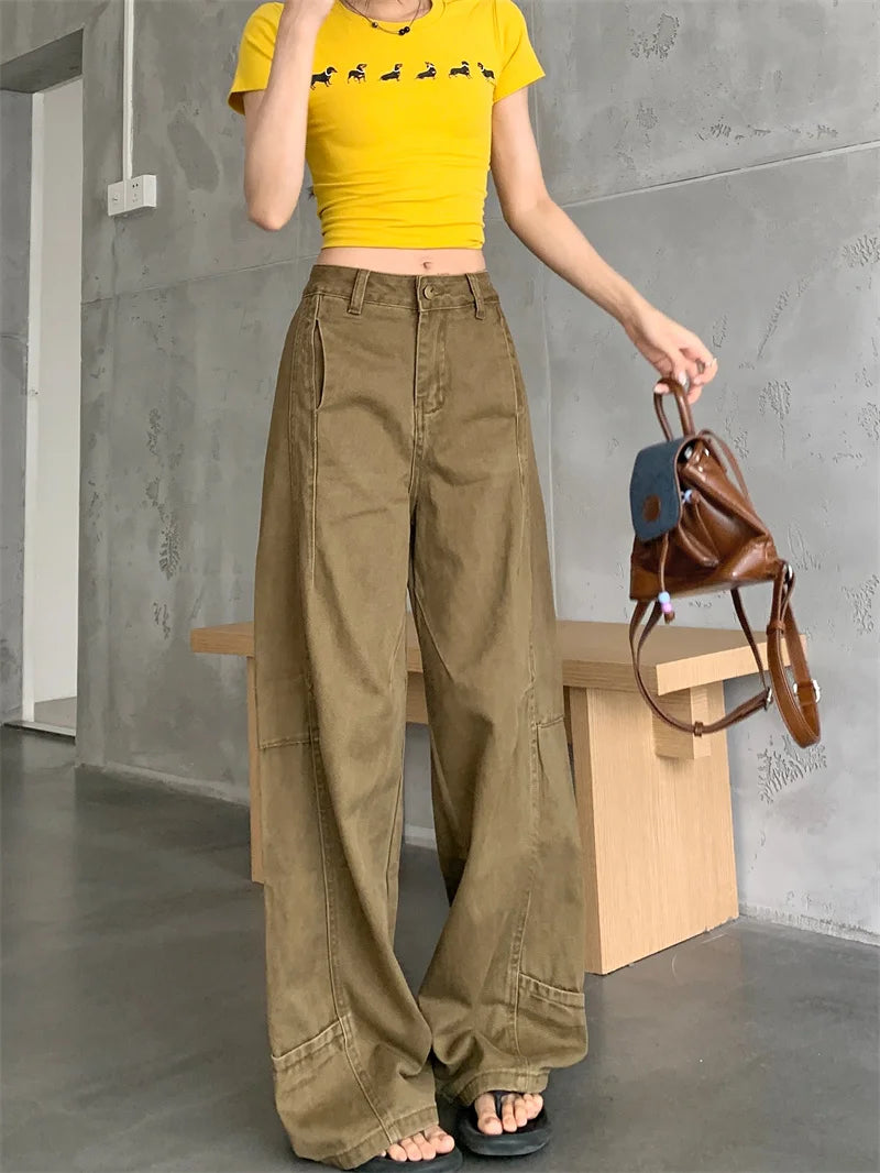 Pantalon vaquero de verano para mujer, pantalones vaqueros de color caqui de gran tamaño, pantalones drapeados de pierna ancha y cintura alta, estilo callejero americano