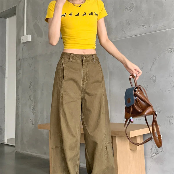 Pantalon vaquero de verano para mujer, pantalones vaqueros de color caqui de gran tamaño, pantalones drapeados de pierna ancha y cintura alta, estilo callejero americano