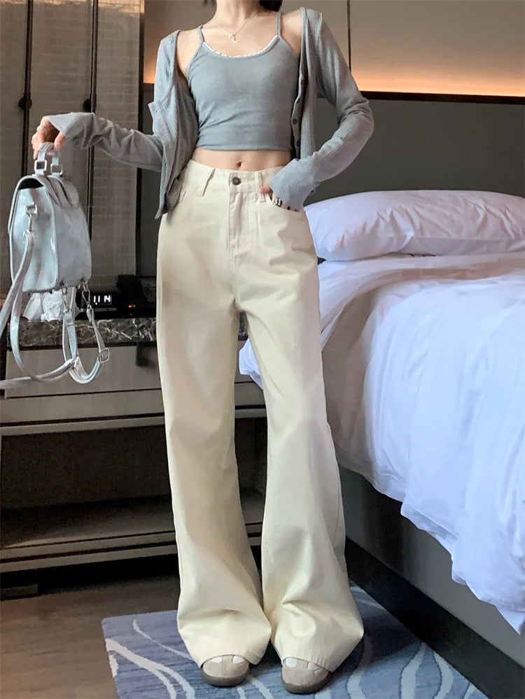 Jeans de verano para mujer - Pantalones vaqueros de pierna ancha color crema |