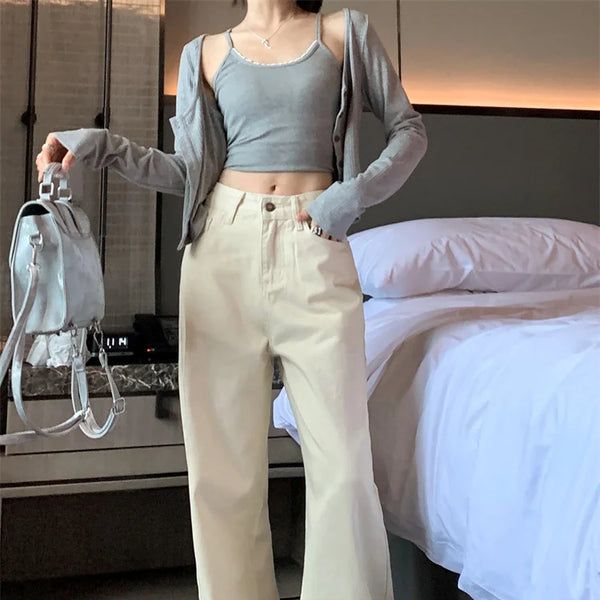 Jeans de verano para mujer - Pantalones vaqueros de pierna ancha color crema |