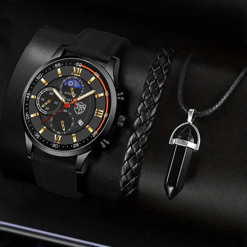 Conjunto de 3 piezas para hombre, reloj de pulsera de cuarzo, pulsera de cuero clásico, collar casual y divertido