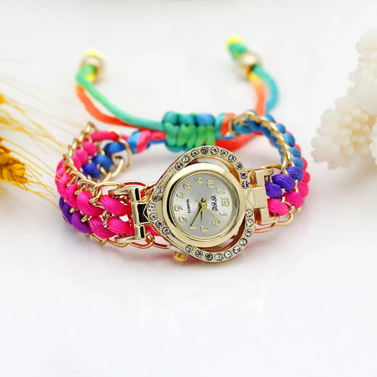 Reloj de Vestir para Mujer Loving Heart Gold Nuevo Reloj de Pulsera Tejido a Mano para Damas Color Reloj de Tela con Brillantes de Imitación Relucientes Reloj Dulce para Chicas