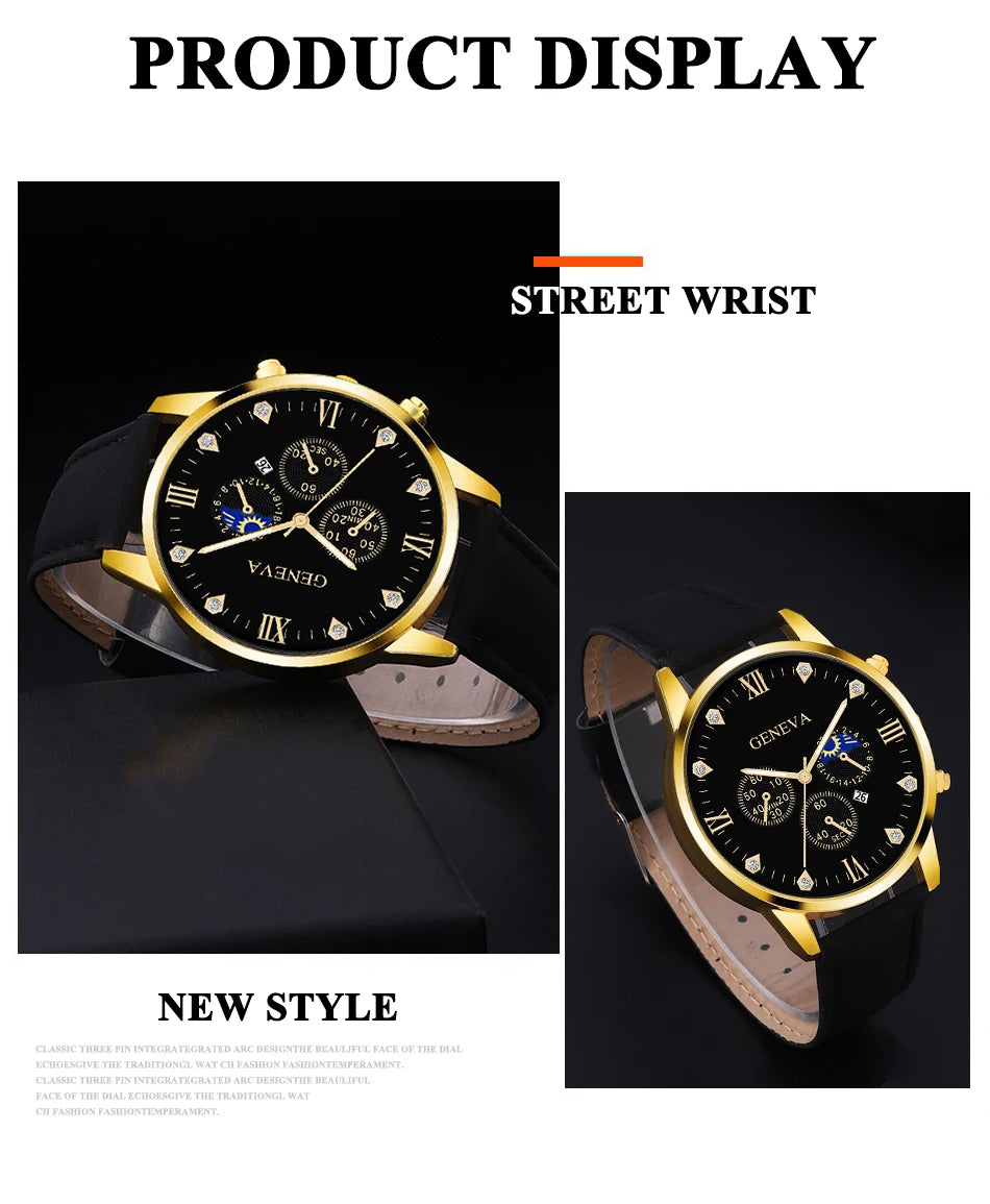 Reloj de pulsera de cuarzo para hombre, conjunto de 2 piezas, con puntero redondo y calendario
