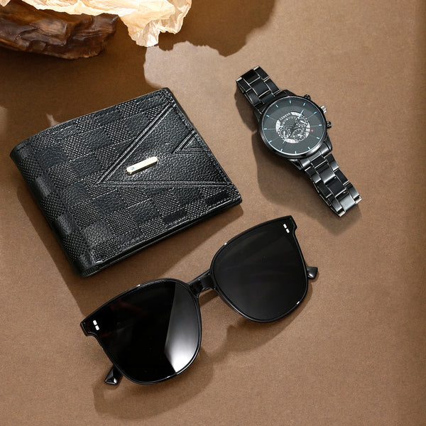 Reloj con banda de acero versátil para hombre, movimiento de cuarzo, gafas de sol, billetera, regalo perfecto para hombre 3 uds.