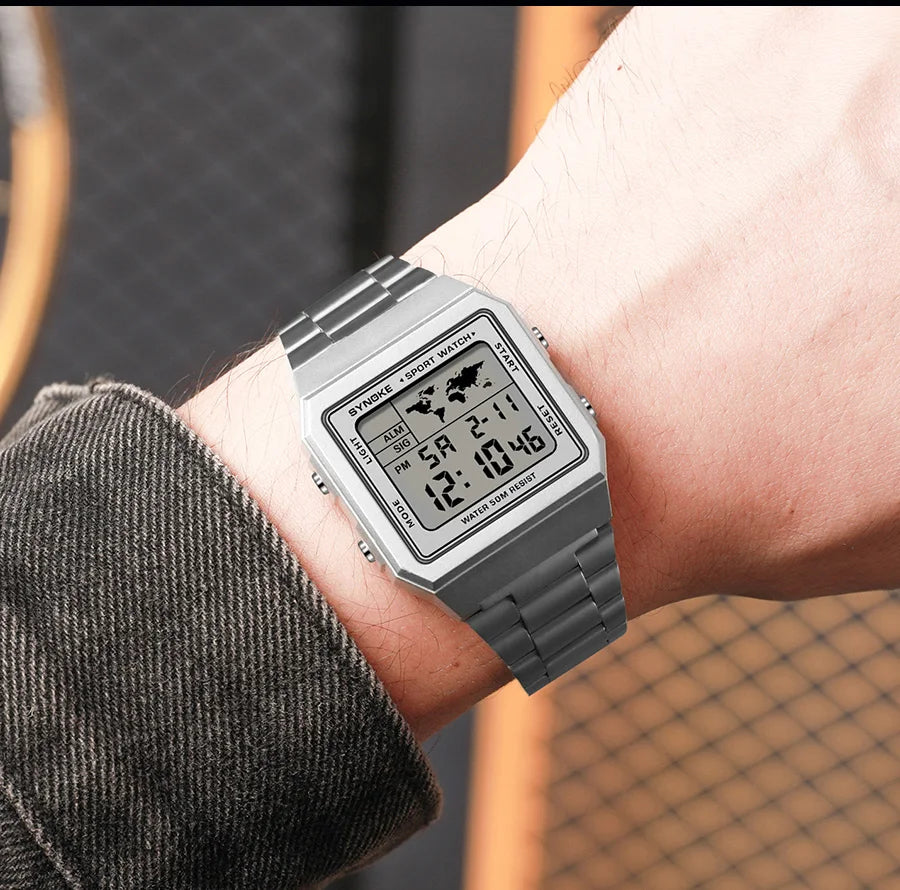 Reloj de acero inoxidable para hombre, cronógrafo de pulsera Digital con pantalla de luz trasera, resistente al agua, 5bar