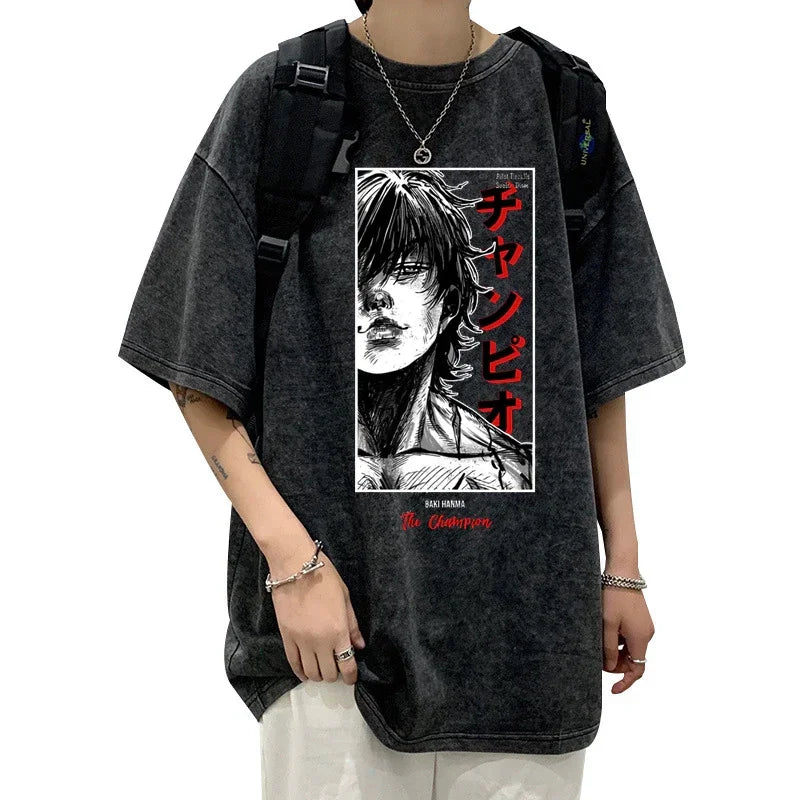 Camisetas de Anime Grappler Baki Hanma, camisetas lavadas de moda, ropa de verano 100% de algodón