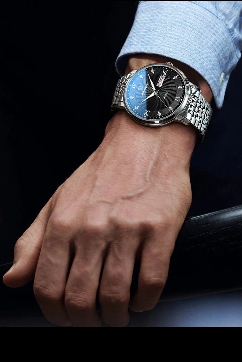 Reloj de lujo para hombre, reloj de pulsera de cuarzo resistente al agua con fecha luminosa y semana, reloj deportivo de moda de acero inoxidable para hombre