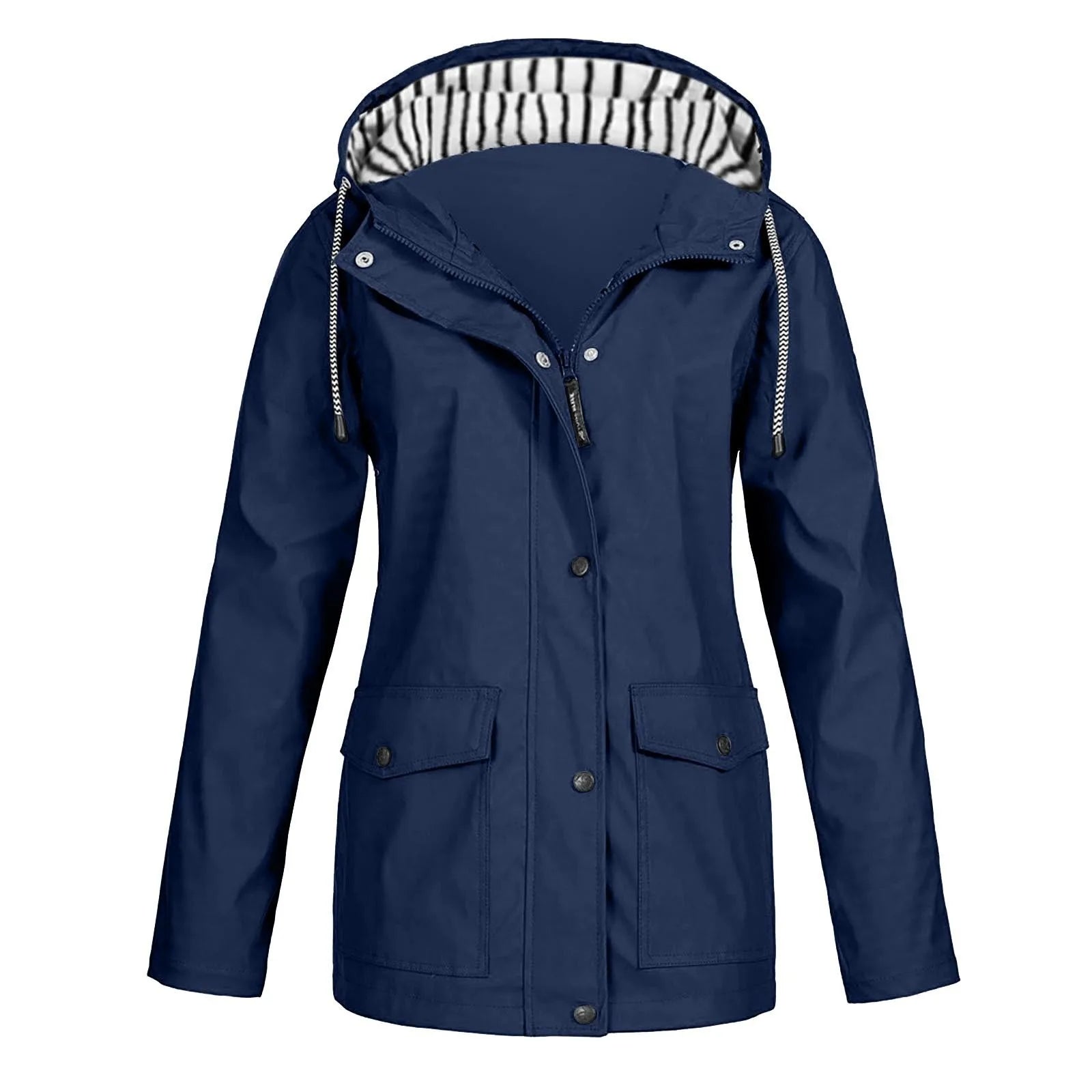 Chaqueta impermeable para mujer, gabardinas largas con capucha, cortavientos forrado, chaqueta de viaje, chaqueta de lluvia a rayas sólidas para exteriores