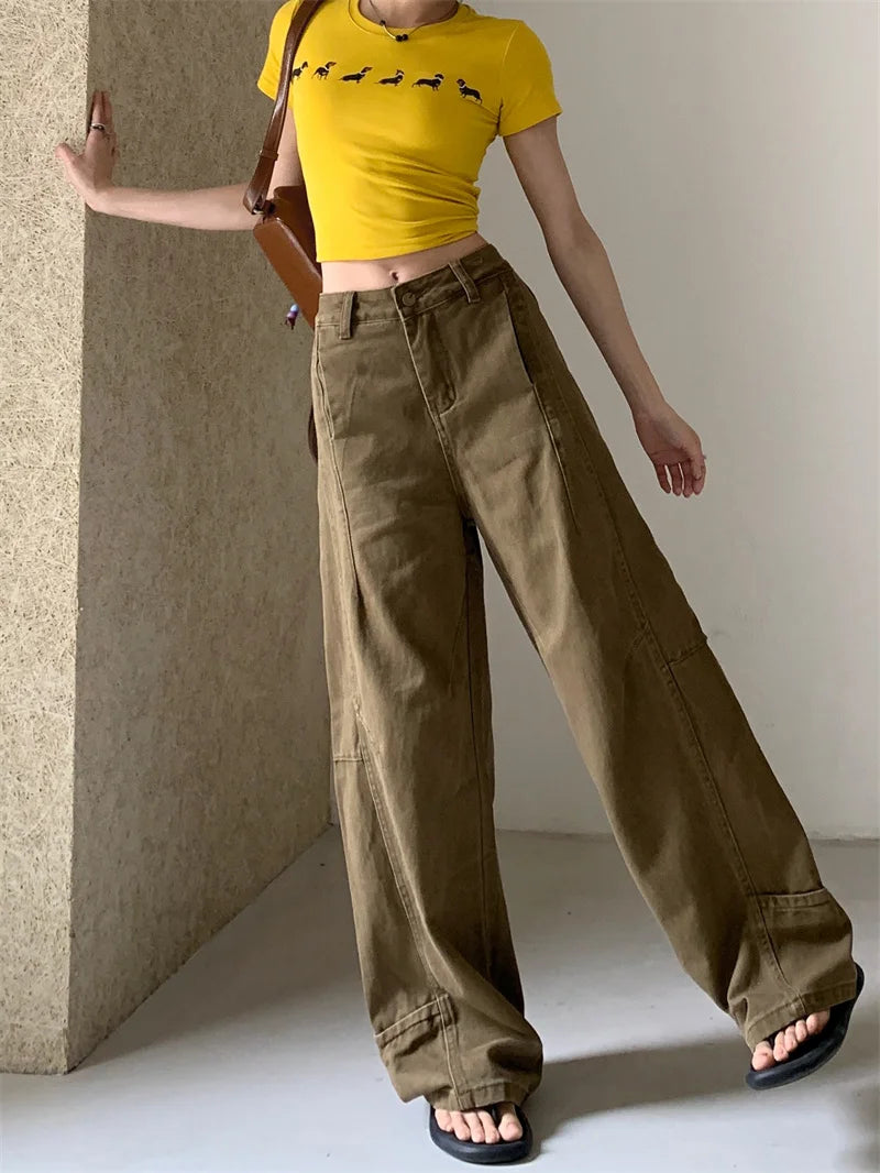 Pantalon vaquero de verano para mujer, pantalones vaqueros de color caqui de gran tamaño, pantalones drapeados de pierna ancha y cintura alta, estilo callejero americano