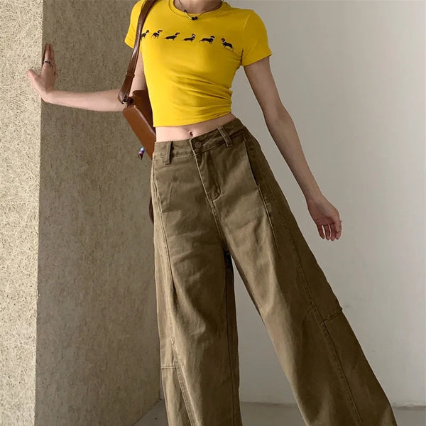 Pantalon vaquero de verano para mujer, pantalones vaqueros de color caqui de gran tamaño, pantalones drapeados de pierna ancha y cintura alta, estilo callejero americano